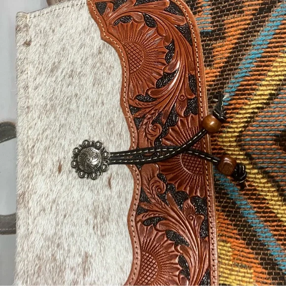 Myra Bag THE ARIZONA backpack purse upcycled leather hair on canvas - Picture 6 of 11